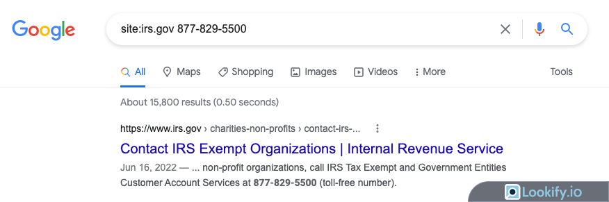 The search result of entering a phone number in Google using the site query parameter