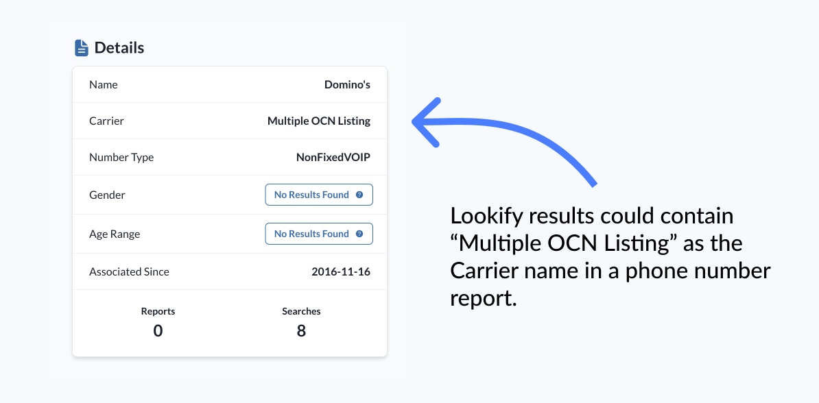 Search result on Lookify showing Multiple OCN Listing as the carrier