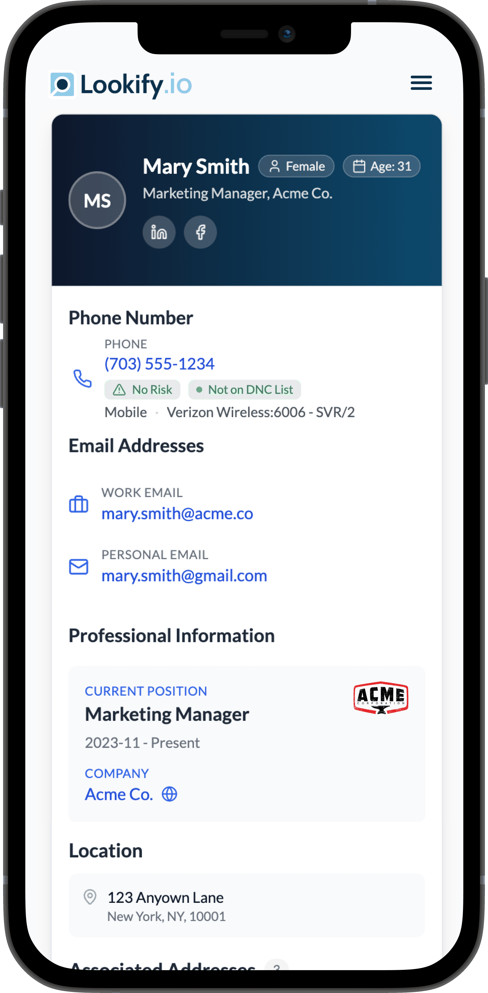 Smartphone with Lookify phone number search results on the screen