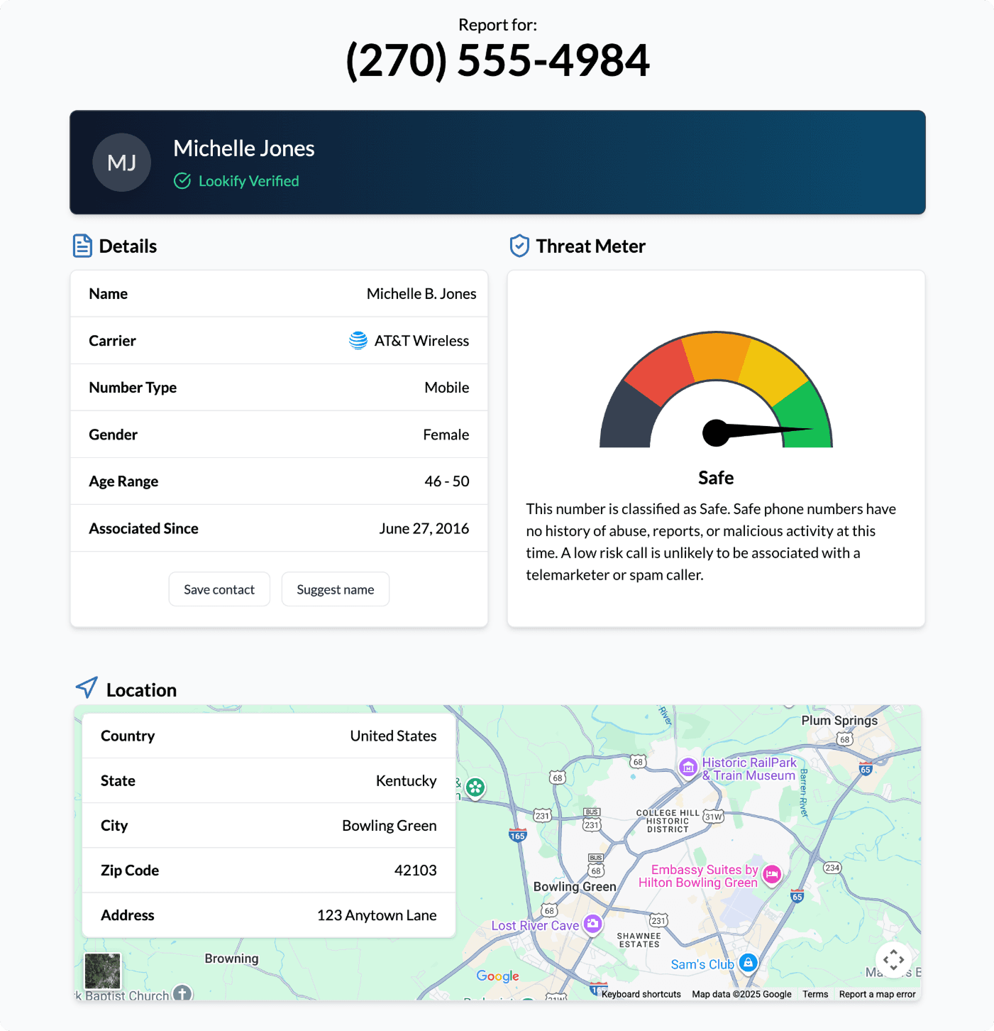 Example of a phone number lookup results page on Lookify