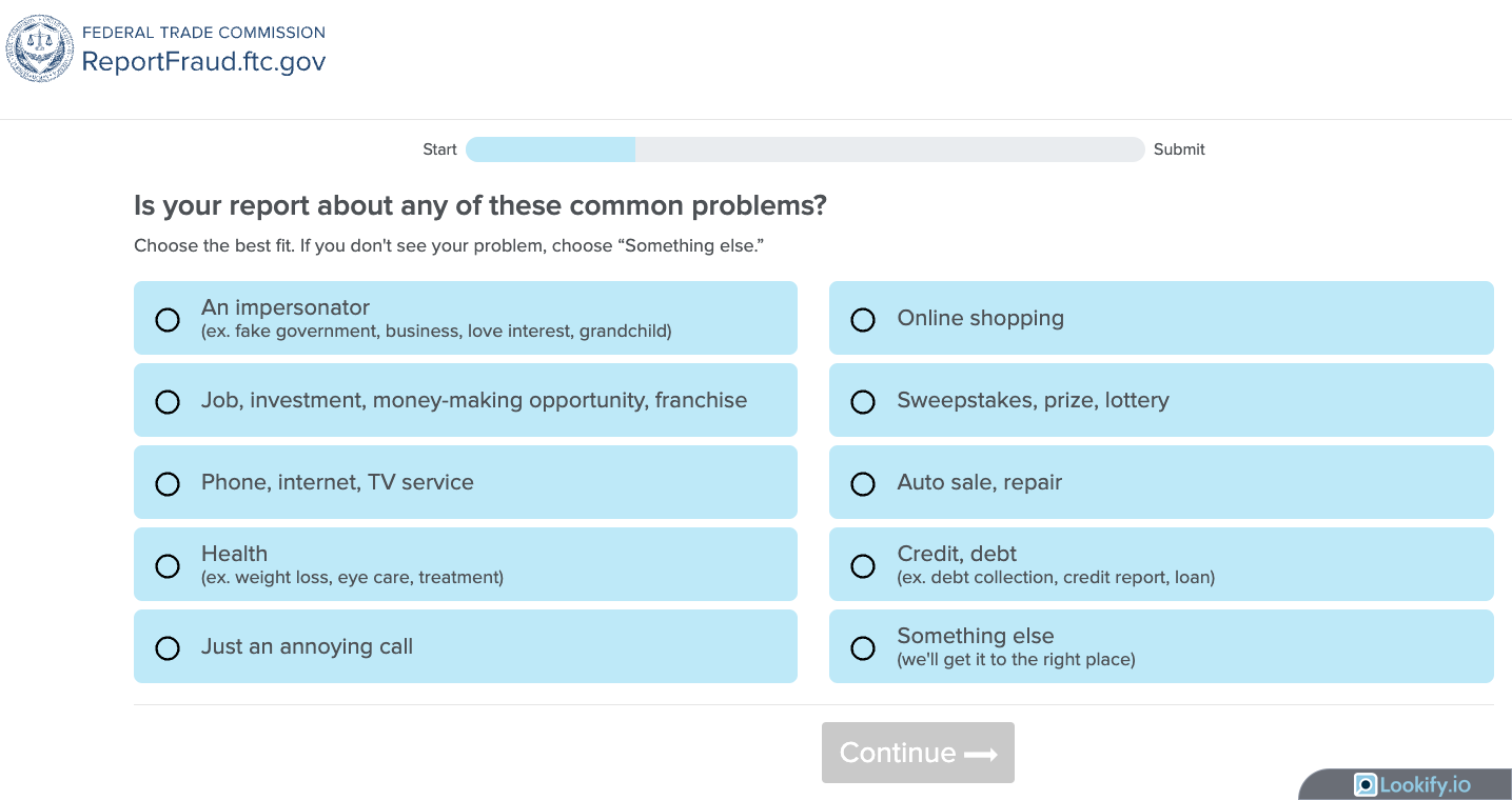 Screenshot of a FTC Report Fraud Options webpage