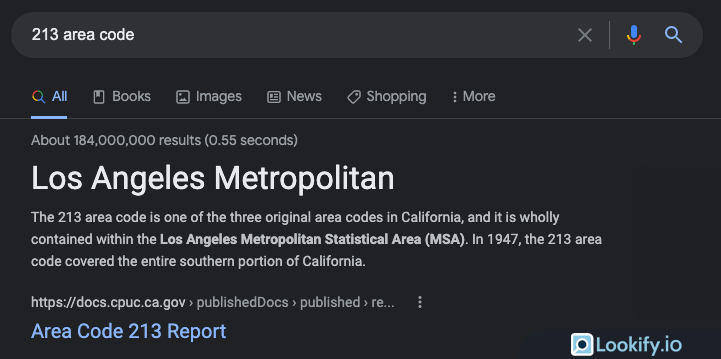 Using Google to find details about the location of a phone number based on area code