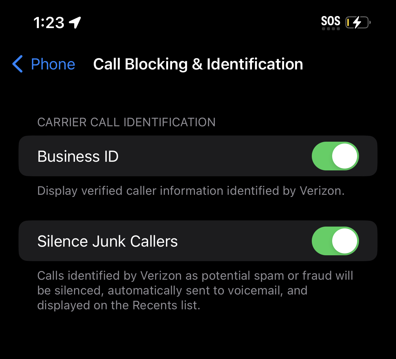 Verizon specific settings to silence junk callers