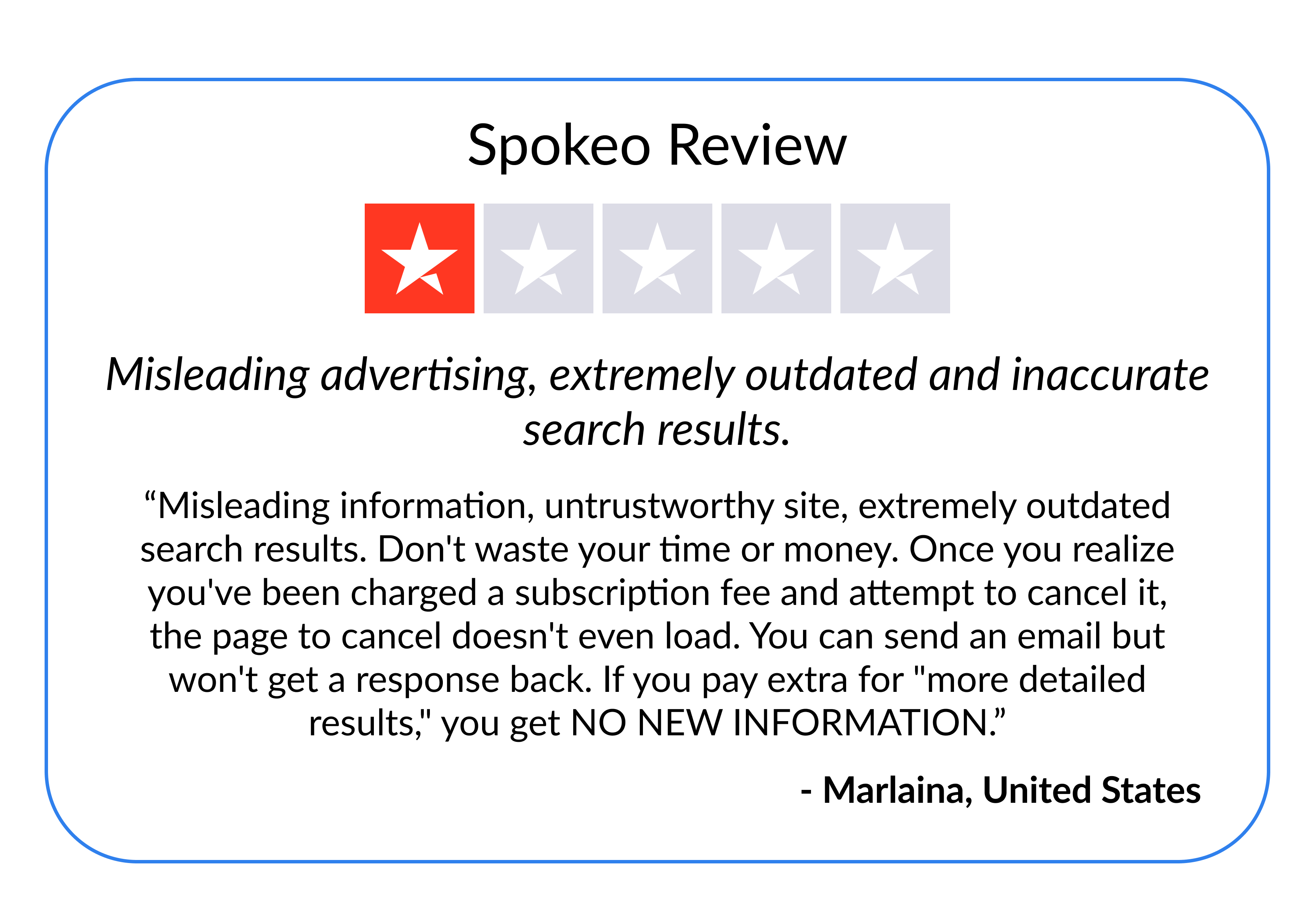 a customer review of Spokeo.com, who complained of misleading results and a poor experience